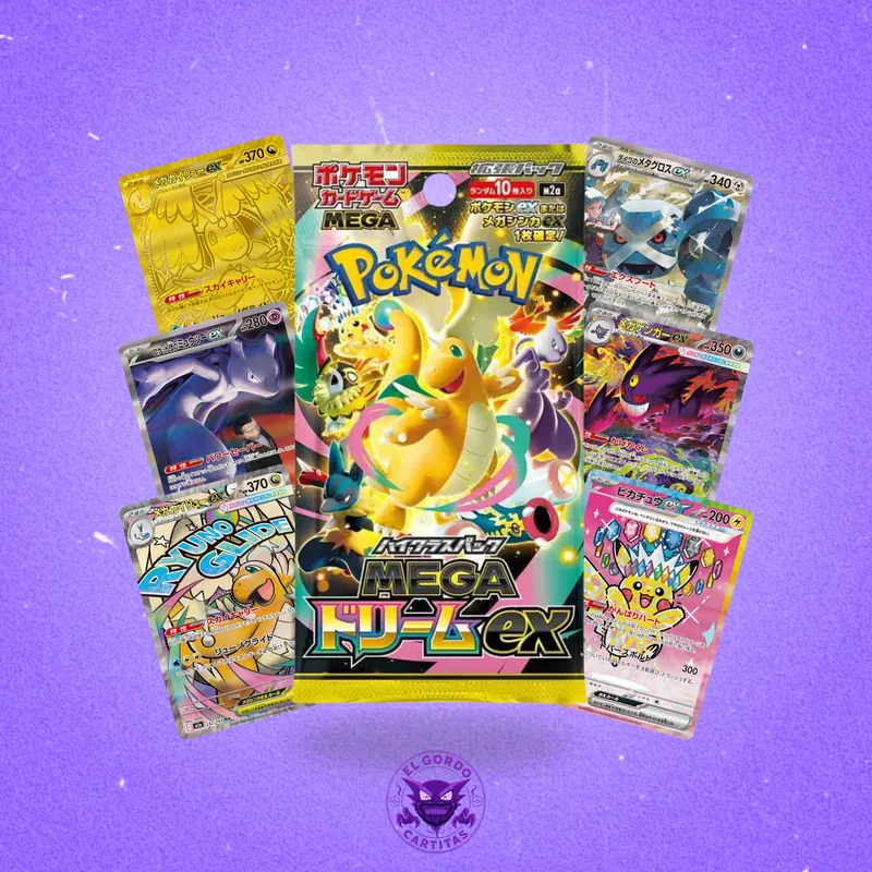 Sobre japonés MEGA Dream ex rodeado de cartas del set