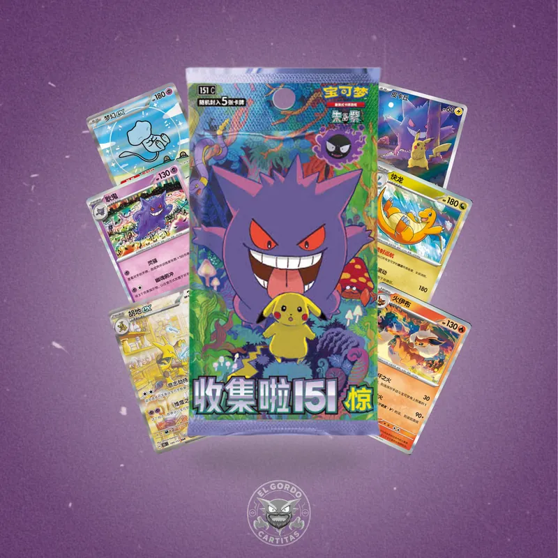 Sobre chino Collect 151 rodeado de cartas del set